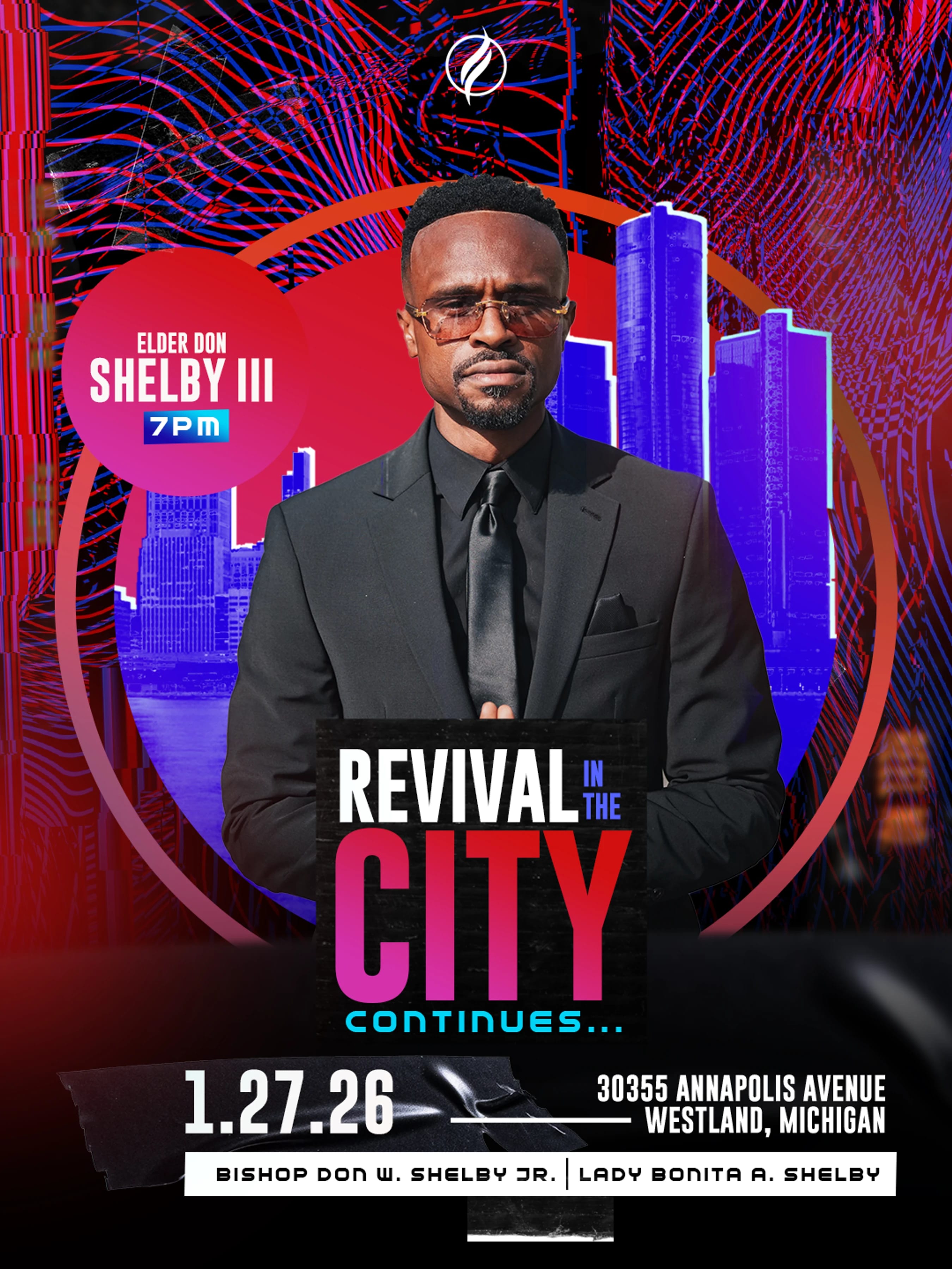 A promotional flyer for a religious event titled 'Revival in the City'. It features a portrait of Elder Don Shelby III against a stylized cityscape background.